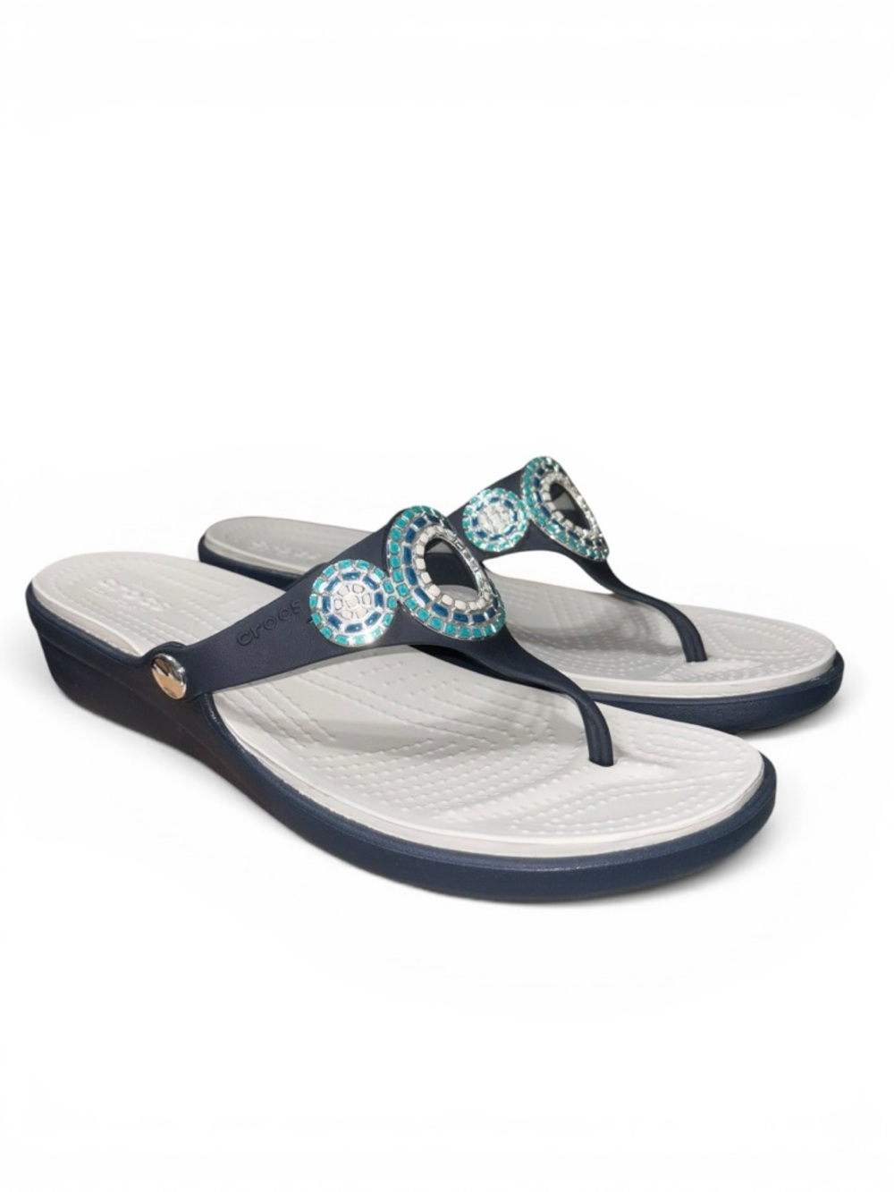 CROCS Women's Navy and White Jeweled Thong Sandals with Teal Accents